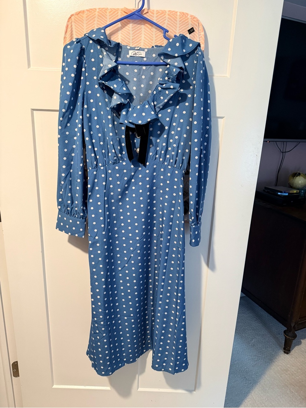 Polka Dot Ruffle V-Neck Midi Dress - Blue